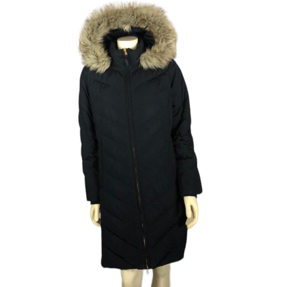 TALBOTS Down Puffer Coat in navy with fur trimmed hood size medium - Picture 3 of 12